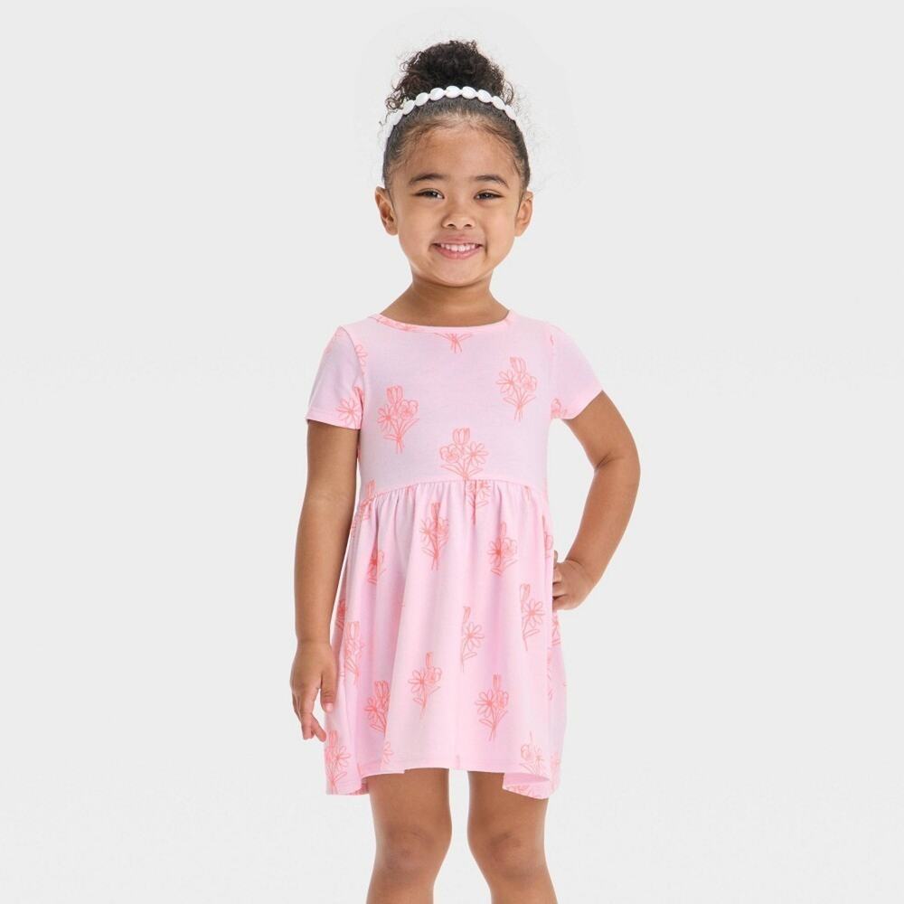 Cat & Jack Toddler Girls Pink Floral Short Sleeve Dress Crew Neck Jersey 12M